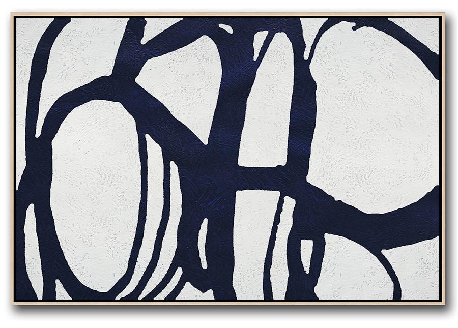 Horizontal Abstract Painting Navy Blue Minimalist Painting On Canvas - Art And Prints Extra Large